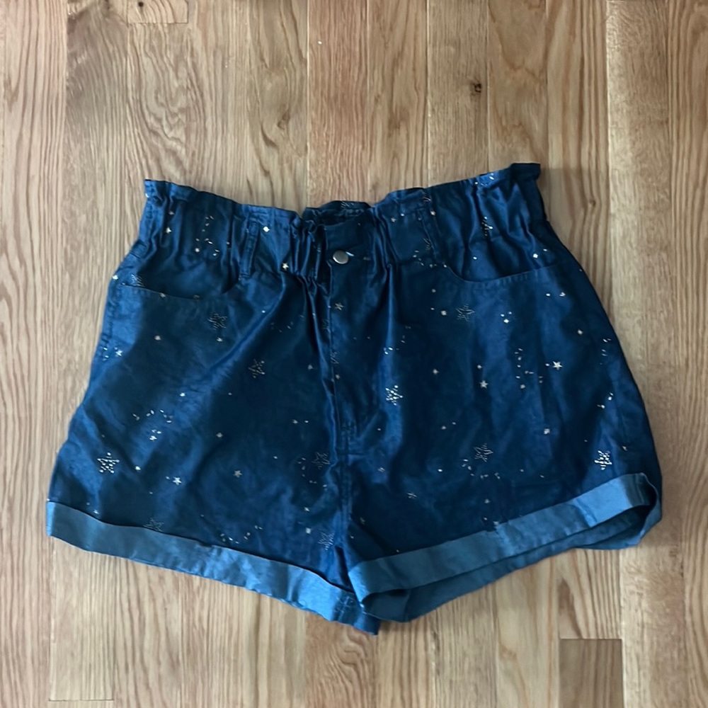 Cloud Ten Blue Paperbag Cuffed Shorts With Gold Stars & Elastic Waistband Size L